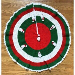 Vintage Handmade Crocheted Christmas Tree Skirt 42" Santa Bells Red Green White